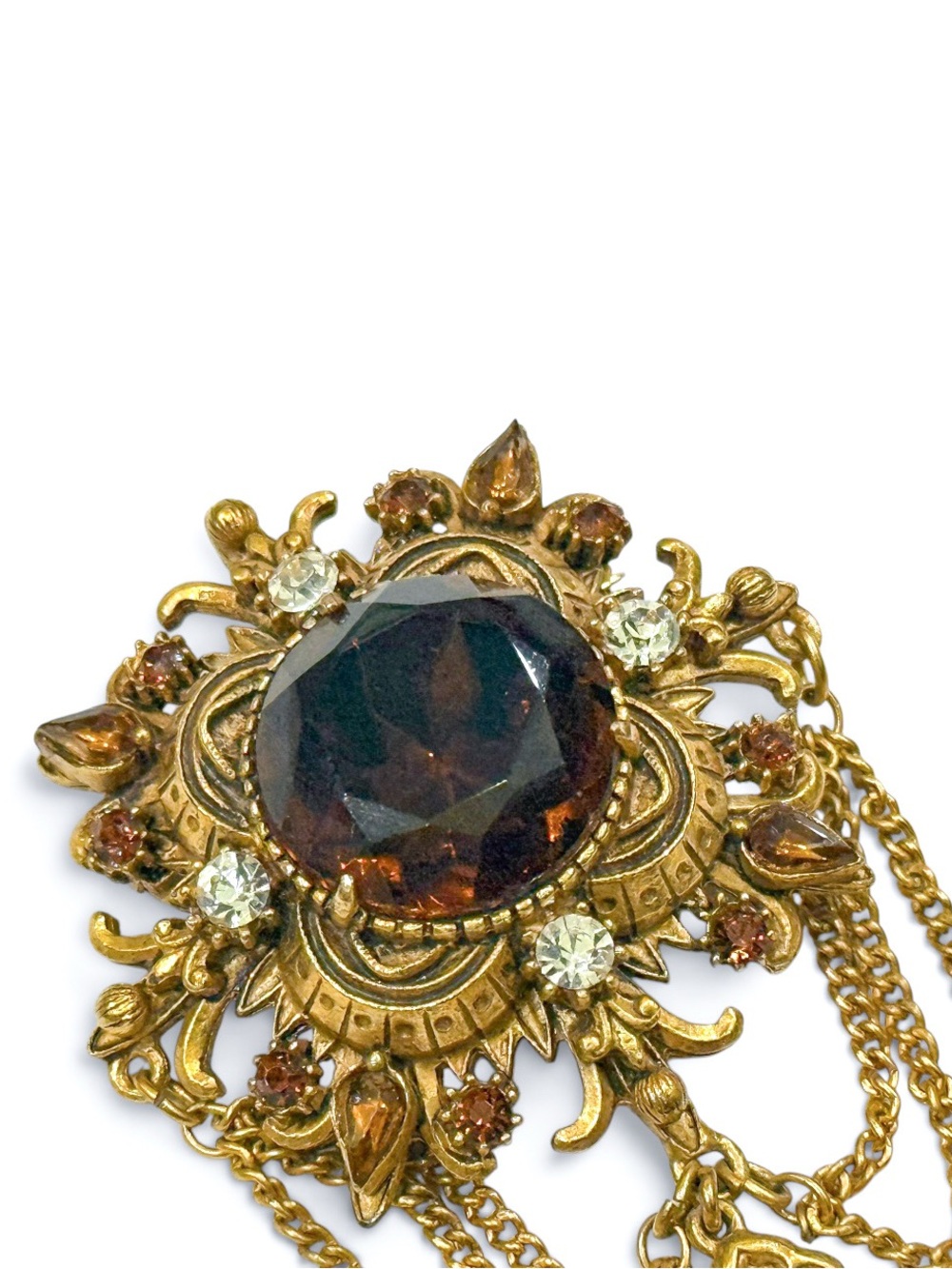 Vintage Florenza Gold-Tone Brown Crystal Brooch with Chain Drapes - Picture 7 of 16